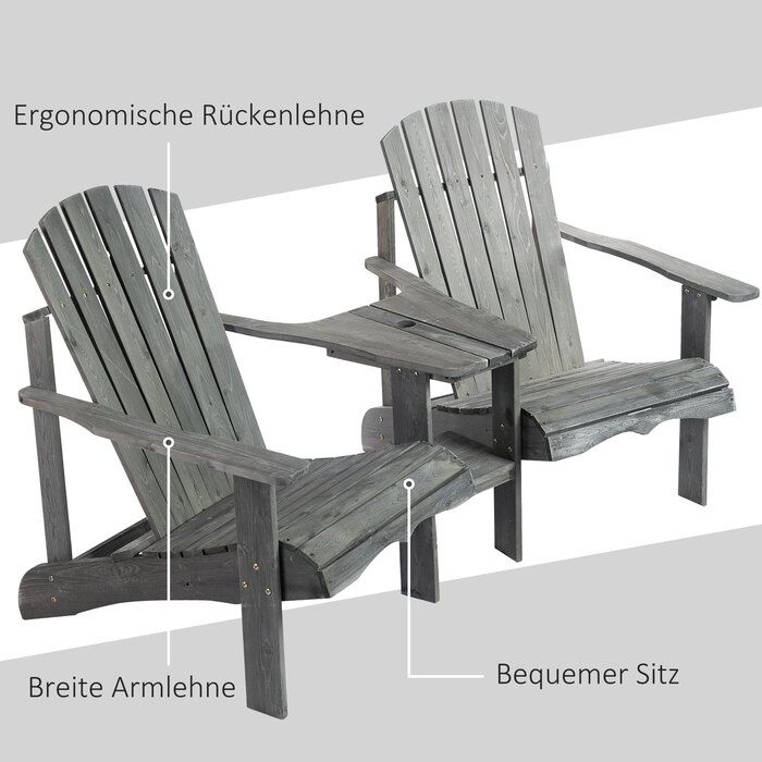 Крісло Adirondack Outsunny на 2 місця з журнальним столиком та отвором для парасольки, садовий комплект крісел, садові меблі для балкону з масивного дерева сірого кольору, розмір 178 x 87 x 92 см