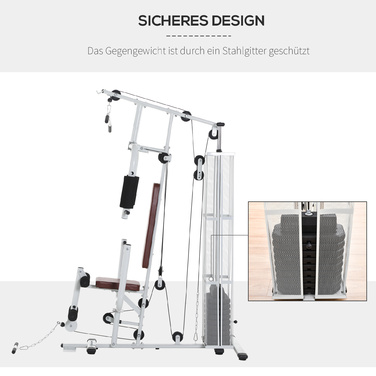 HOMCOM Home Fitness Station, total weight 45kg, with press arm, leg developer, rolling pads, PU leather, 150 x 110 x 210 cm, White | Aosom