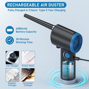Електричний повітряний пилосос Air Duster, 41000 обертів/хв, комплект для чищення ПК, ручний бездротовий, для комп'ютерів, клавіатур, авто, тварин (TAD07-B)