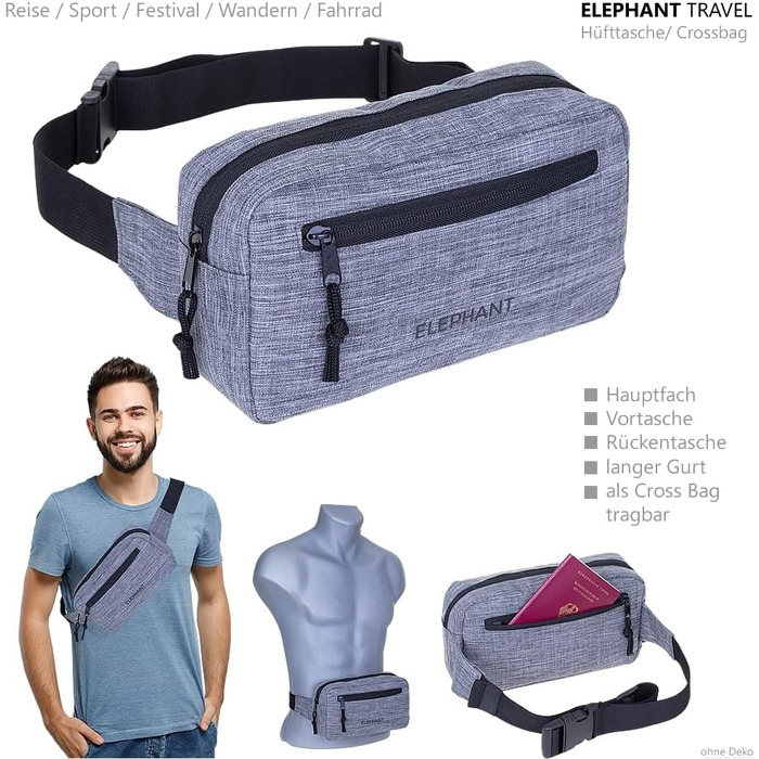 Сумка на пояс для жінок та чоловіків, велика міська сумочка, сумка через плече, спортивна сумка-шоппер, сумка-елемент для подорожей (сіро-чорна 13027)