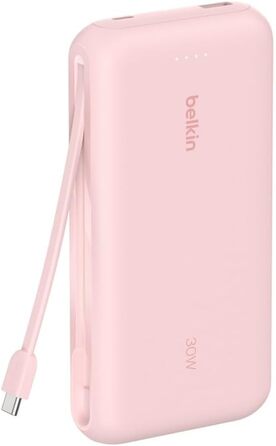 Повербанк Belkin Portable Powerbank 20000 mAh з вбудованим кабелем USB-C, швидка зарядка PD 30W для iPhone 16, iPad Pro, Samsung Galaxy S25, рожевий