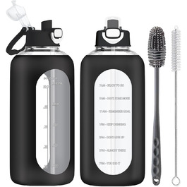 2 Liter Glass Drinking Bottle, 2l Glass Bottle, Glass Water Bottle with Straw, Bottle Brush, Black