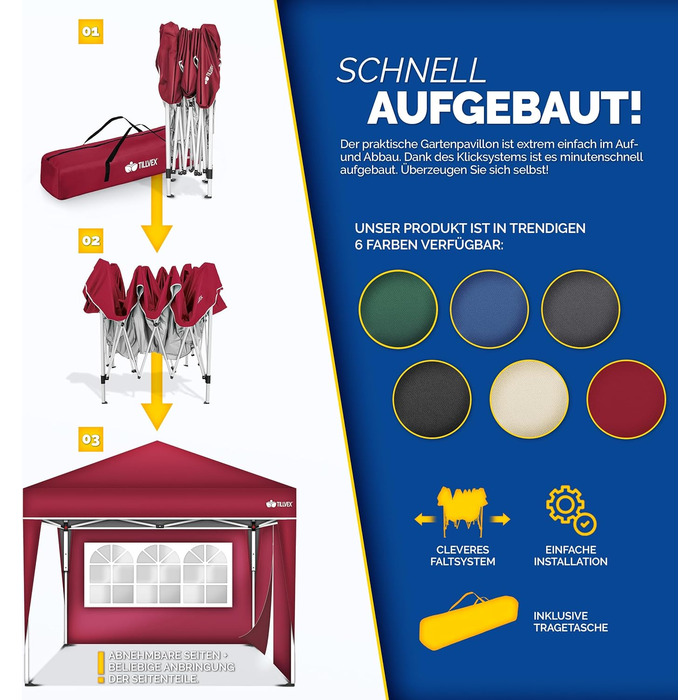 3x3m Waterproof Gazebo | Pop-Up Folding Gazebo with Adjustable Height | Garden Tent with UV Protection 50+ | Party Tent with Bag for Garden (Red - with 2 Side Panels)