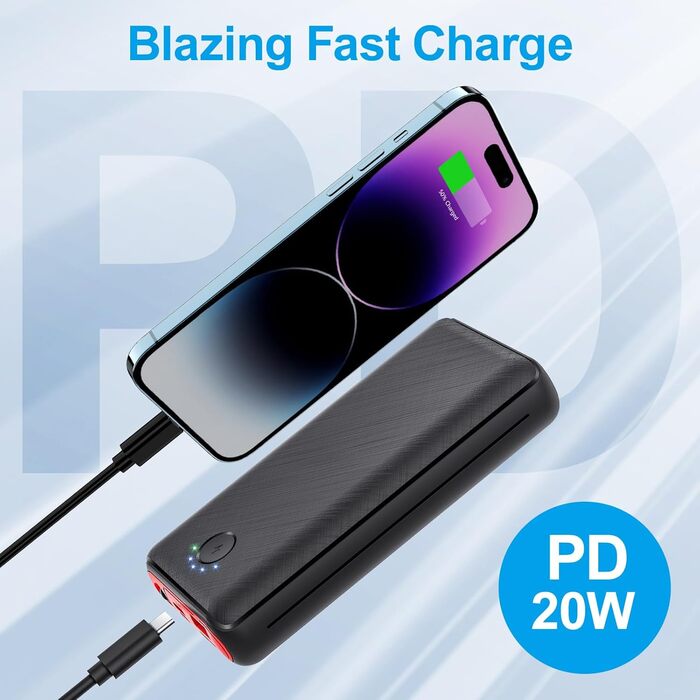 Power Bank JIGA 27000mAh з PD 22,5W та USB-C, з ліхтариком, чорно-червоний, сумісний з iPhone, Samsung, Huawei, iPad