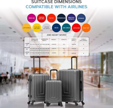 Набір легких валіз Flight Knight Premium (S 55см, M 67см, L 76.5см) з ABS-пластику, TSA-замком та USB-портом, 8 коліс-спінерів, Антрацит/Шампанське