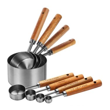 Набір мірних ложок та чашок SOMEDA® 8 предметів з нержавіючої сталі та дерев'яною ручкою для кухні, випічки та приготування їжі – високоякісний набір мірних ложок