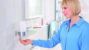 tesa DELUXXE Soap Dispenser Set, Frosted Glass and Chrome-Plated Metal - Wall-Mountable Liquid Soap Dispenser without Drilling, incl. Adhesive Solution - 73mm x 192mm x 115mm