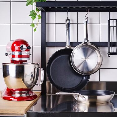 Сковорідки KitchenAid з нержавіючої сталі 20см і 28см, 3-шарове антипригарне покриття, для індукції, духовки та посудомийної машини, з холодною ручкою, сріблясті