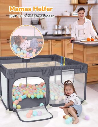 Манеж для дітей Dripex 120x180 см, сірий, з дихаючою сіткою, 300D Оксфорд, безпечний ігровий майданчик