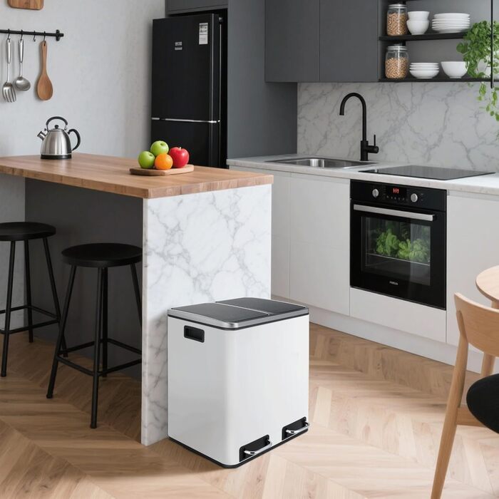 Відро для сміття LIFERUN з двома відсіками, 2 x 15 літрів, з металу, з м'яким закриттям кришки, знімний внутрішній відро, ручки, педальний відро, для квартири, невеликої сім'ї (білий)