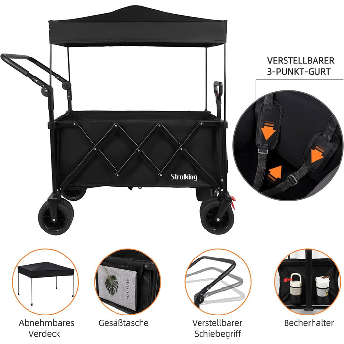 3 в 1 вагончик-тележка складний з гальмами, 150л, 136кг, чорний