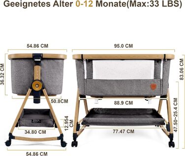 Maydolly 3-in-1 Bedside Crib - Portable Baby Cot with Breathable Net and Sheets, Adjustable Bassinet Bedside Crib Grey