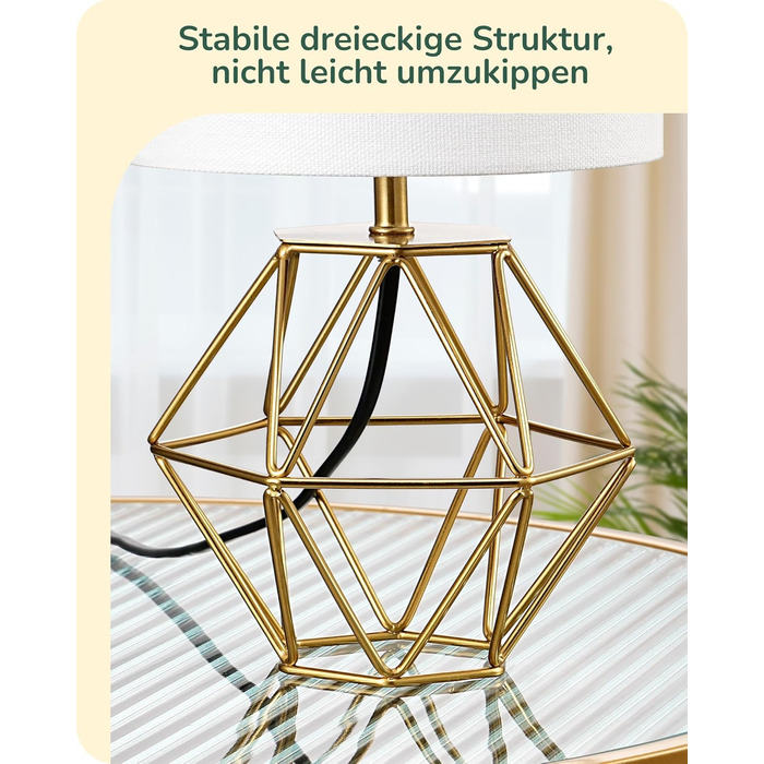 EDISHINE Настільна лампа, сучасний індустріальний дизайн, цоколь E14, вінтажний стиль, для спальні/вітальні, білий/золотий лін, золото