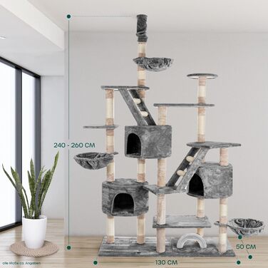 HAPPYPET Дряпка для котів 260 см – велика, стійка, для кількох котів, з аксесуарами, сіра