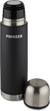 Pioneer Stainless Steel Insulated Flask with Button Lid & Drinking Cup - 1.0L Double-Walled Vacuum Insulation - Keeps Hot for 8 Hours, Cold for 24 Hours - Leakproof, BPA-Free - Black, 1000ml