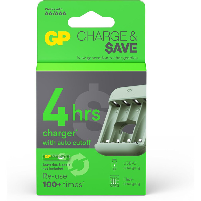 Зарядний пристрій GP Charge&Save для батарейок AA AAA з USB-C, 4 слоти, швидка зарядка, LED-індикатор, компактний дизайн