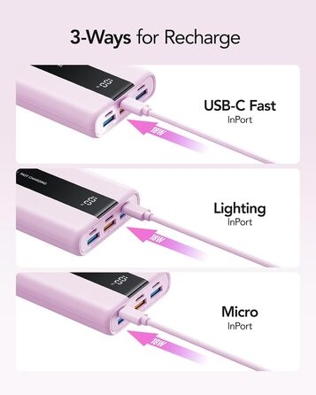 Power Bank VRURC 20000mAh: Швидка зарядка 22.5W, USB-C, 6 портів, LED-дисплей, для iPhone, Samsung, Huawei, iPad, 22.5W QC/PD 3.0, CE-сертифікований, зелений (фіолетовий)