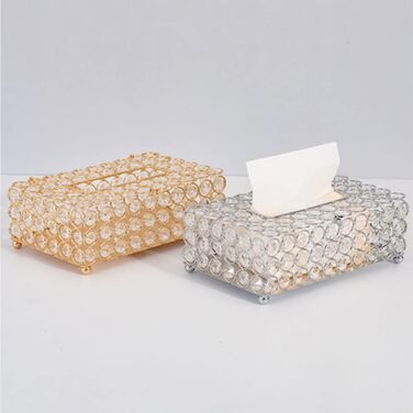 Crystal Cosmetic Box 20 × 13 × 6 cm Rectangular Gold Decorative Tissue Box, Metal Rhinestones Glitter Cosmetic Tissues Desktop Tissue Box for Bedroom Bathroom Living Room