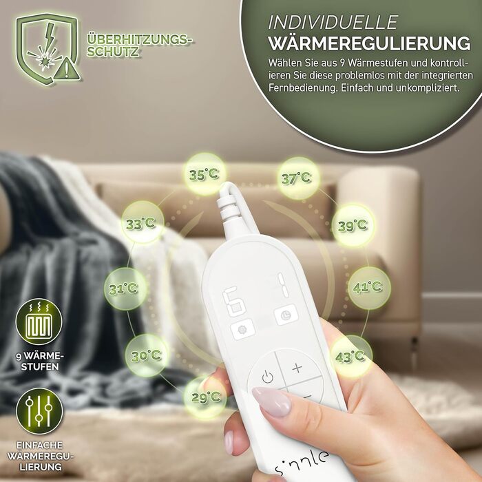 Електрична ковдра Sinnlein® з автовимкненням 160x120 см | 9 температурних режимів | Ковдра для ліжка, дивана | з таймером та цифровим дисплеєм (160x120 см, темно-сіра)