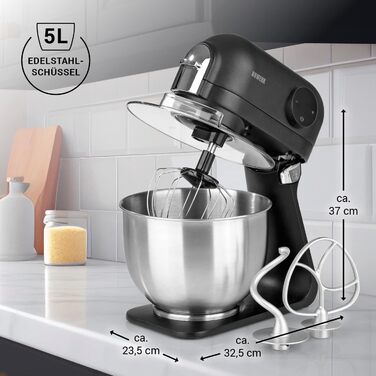 N8WERK Kitchen Machine in the Midnight Edition | Whisk, dough hook, and beaters | Splash guard with filling opening | 5 L stainless steel bowl | 6 speed settings | 1200 watts | digital display