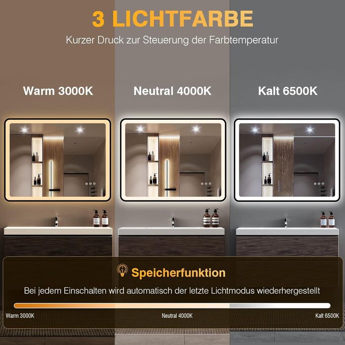 Дзеркало для ванної кімнати з підсвічуванням 80x60 см, 3 кольори, регульована яскравість, антизапар, 3x збільшення, розетка для гоління, IP44, для горизонтального/вертикального монтажу