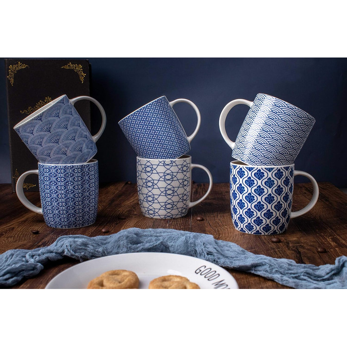 Set of 6 coffee cups with black and white geometric pattern, ceramic tea cup set of 6 (black cup set) (Blue)