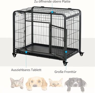 Переносна переносна клітка для тварин PawHut з колесами, 2 дверцятами та знімним піддоном, метал, сірий+чорний, 94x58x69,5 см