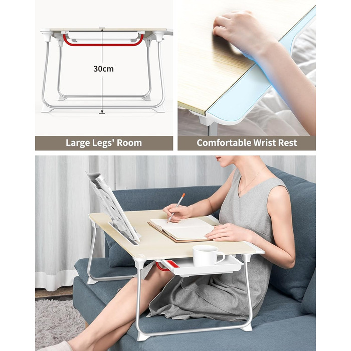 SAIJI Стіл-таблетка для ноутбука, розкладний XXL, з ящиком та підставкою для книг/телефону (65 x 49 x 30 см, Light Teak)