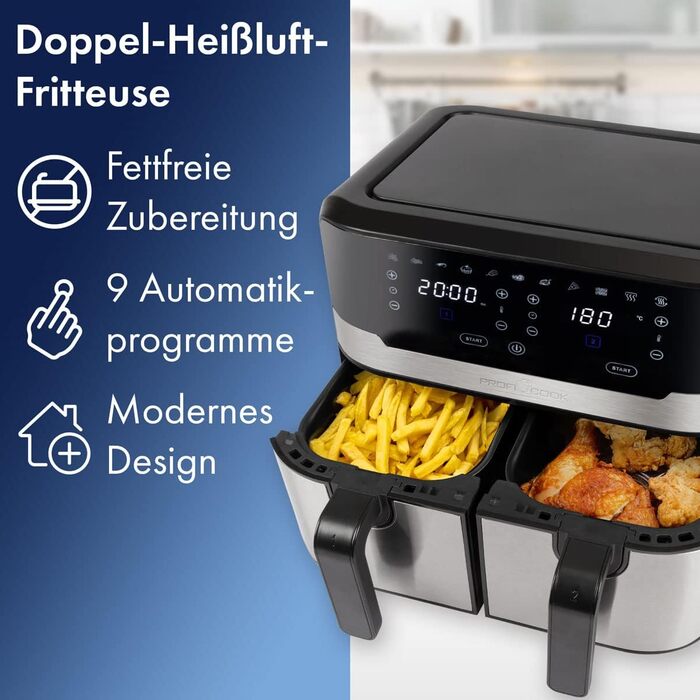 Подвійна аерофритюрниця ProfiCook 9 л XXL, 2400 Вт, 9 програм, сенсорне керування, чорний-нерж, без олії