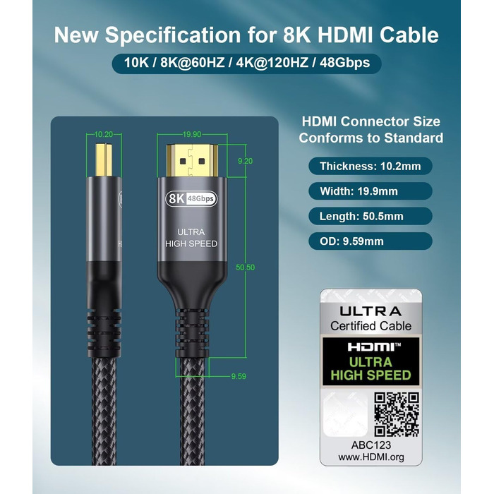 HDMI 2.1 кабель Adauxter 2 метри: 8K, 48Gbps, eARC, HDCP2.3, HDR10+, для PS5, X-Box, PC, TV, монітор