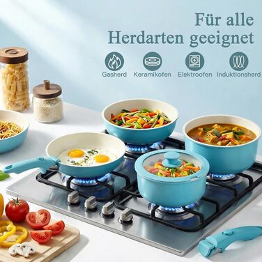 Набір посуду GiPP 11 предметів: сковорідки та каструлі з антипригарним покриттям, знімні ручки, сталевий, блакитний градієнт, для всіх типів плит, сумісний з духовкою