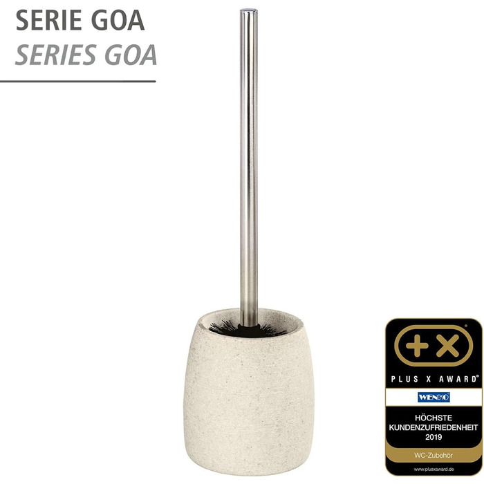 Набір для туалету WENKO Goa: тримач щітки з важкого полірезину (імітація каменю) та щітка з змінним насадком, бежевий, 11,8 x 38,5 см