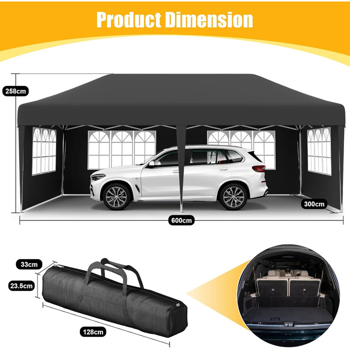 Devoko Gazebo, 2x2 Meter Waterproof, Stable, Winter-Proof Gazebo with 3 Height Adjustments, Foldable Gazebo with UV Protection 50+, Folding Tent, Gazebo with Carry Bag, For Garden, Outdoor, Camping, (3x6m, 6 Side Walls, Grey)