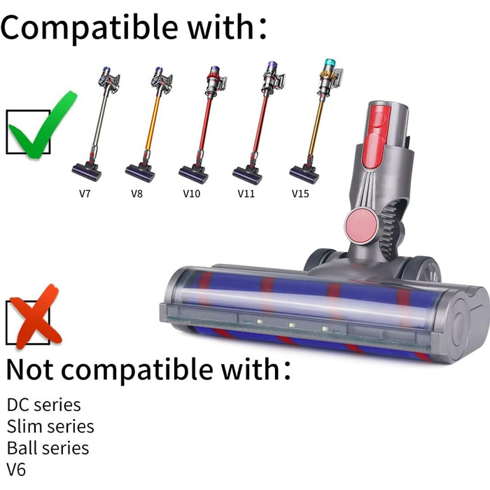 Насадка для пилососа Dyson V7 V8 V10 V11 V15: м'яка щітка-ролик та турбощітка з LED-підсвічуванням для твердих підлог