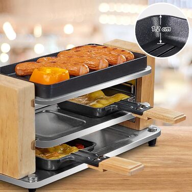 Електричний міні-гриль Raclette COKLAI на 2 особи, антипригарна рифлена пластина, 2 сковорідки та дерев'яна лопатка, 300 Вт, натуральне дерево