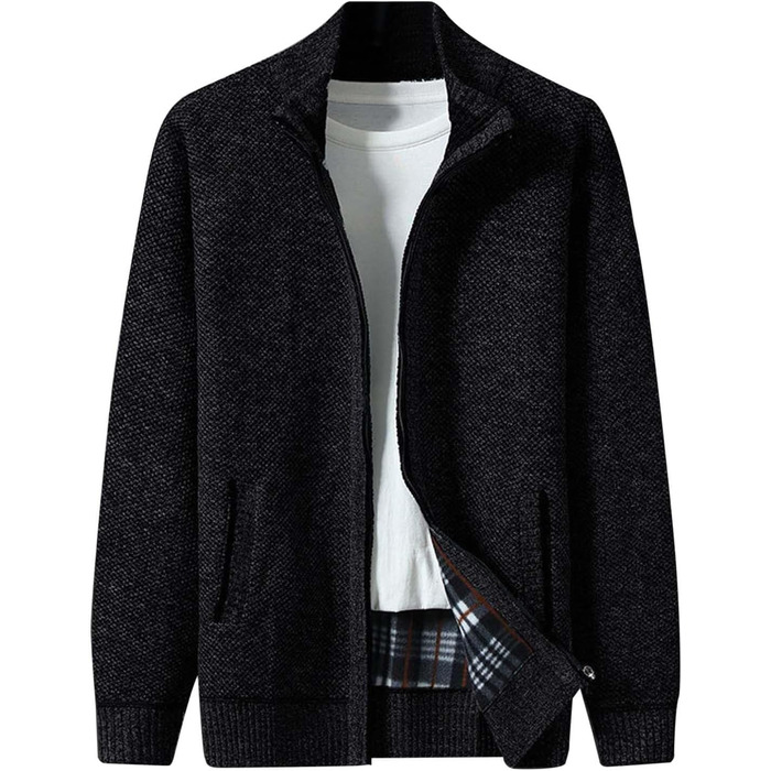 Кардиган чоловічий з кишенями, чоловіча в'язана куртка на блискавці, без капюшона, чоловічий светр-куртка, однотонна флісова куртка, чоловічий светр з ангори, осінній кардиган, під костюмні штани (M, Чорний)