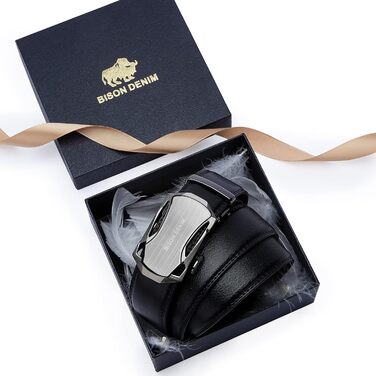 Чоловічий шкіряний ремінь BISON DENIM з автоматичною пряжкою - для ділового стилю, ширина 35 мм, чорний, розмір 120