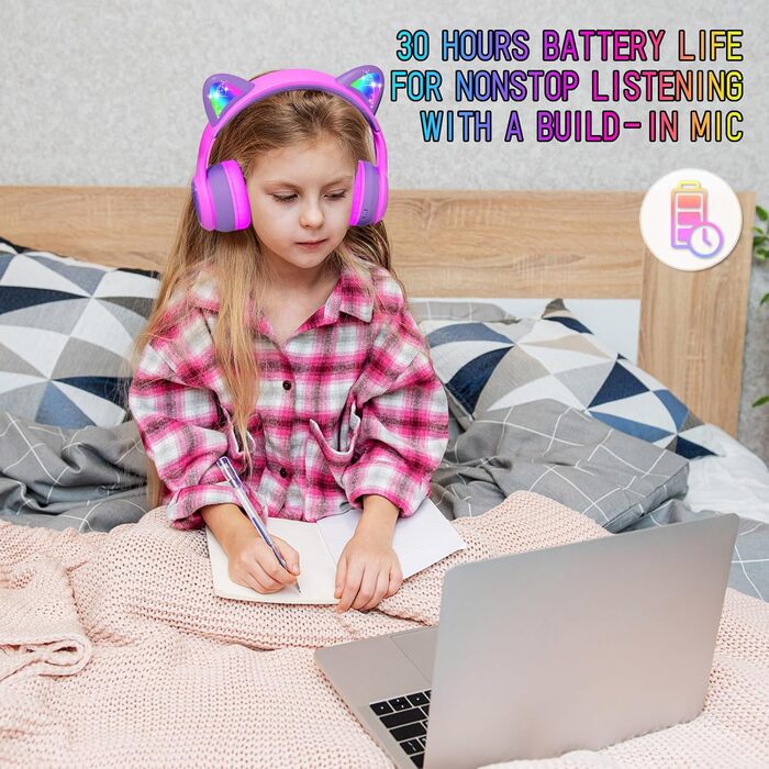 Бездротові навушники IFecco для дітей з мікрофоном, Bluetooth, LED-підсвітка, котячі вушка, рожево-фіолетові, для iPad/планшету/телефону/школи