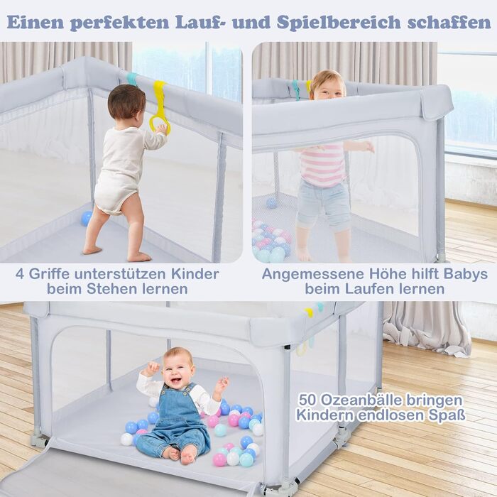 COSTWAY 124 x 124cm Baby Playpen, foldable, portable playard with 50 balls, 4 handles, locking function, crawling gate with net walls & door, playpen tent for infants & children (Light Grey)