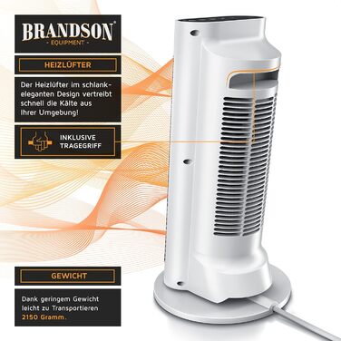 Керамічний обігрівач Brandson з дистанційним керуванням, тихий, для ванної кімнати, 2 режими нагріву, функція осциляції, підвищена безпека, білий, модель 2024