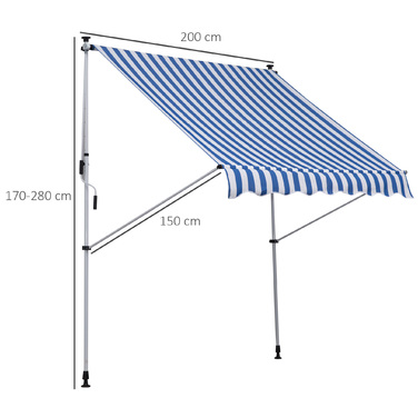 Outsunny Articulating Arm Awning Clamp Awning Height Adjustable 200x150cm Blue/White Aluminum for Terrace & Balcony