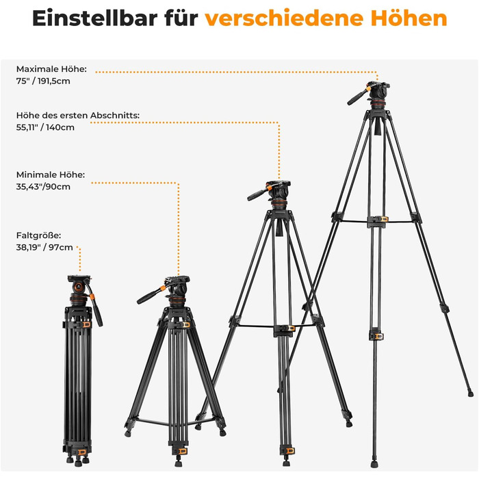 Штатив для камери K&F CONCEPT VA3+BV20: відео штатив з поворотним кріпленням, 184 см, для DSLR, відеокамер