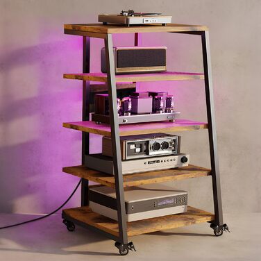 HiFi тумба з колесами для програвача, стереосистеми та ТВ 60x52x78 см. Дерев'яна, 5 полиць, з розетками та LED підсвіткою