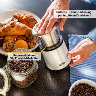 Електрична кавомолка TZS First Austria, 200W, 27000 об/хв, 4 леза з нержавіючої сталі, контейнер 50г, тиха, компактна, легка у чищенні, з котушкою для кабелю (біла)