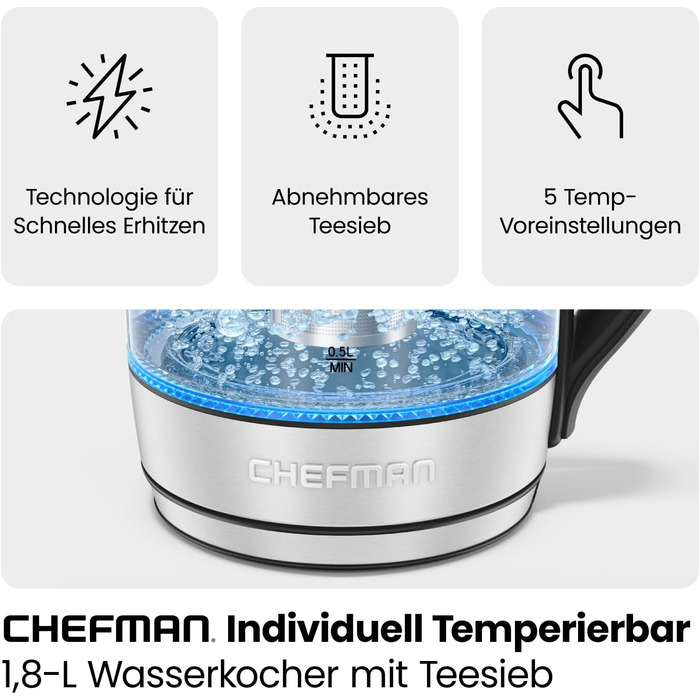 Chefman Electric Glass Kettle with Temperature Control - 1.8L Stainless Steel, Infuser, Auto Shutoff, LED Display