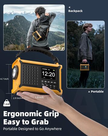 Сонячне радіо Solar Radio з ручкою, 12000mAh, DAB/DAB+/UKW, радіо для надзвичайних ситуацій з сонячною панеллю 8500мм² та ручкою 650mA, радіо з динамо, Bluetooth, ліхтарик та зарядний пристрій USB, для кемпінгу, надзвичайних ситуацій (жовте)