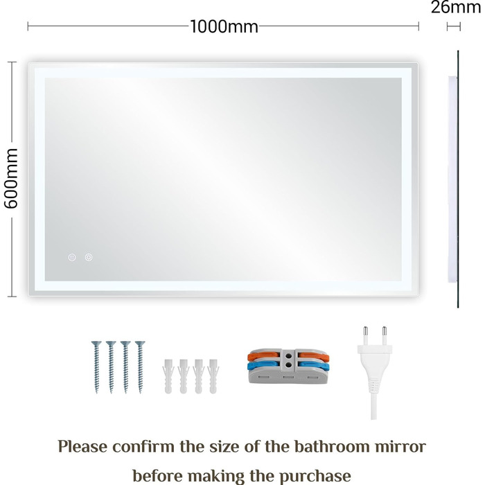Дзеркало для ванної кімнати Clevich з підсвічуванням 70x50 см, LED, 3 кольори світла, регулювання яскравості, захисне скло, сенсорне керування, функція пам'яті, антизапар, 100x60 см
