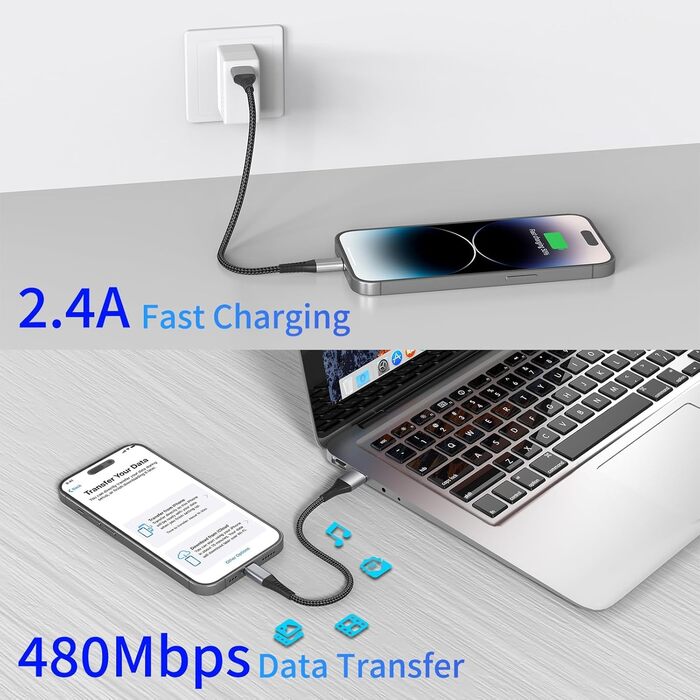 Кабель USB-A Lightning PEAKLIFT 20 см (3 шт) MFi сертифікат, чорний – Швидка зарядка для iPhone 14/13/12/11 Pro Max/Xs/Xr/X/8/7/6/SE, iPad Air/Mini