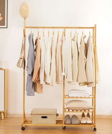 Yorbay Bamboo Clothes Rack with Wheels, with Clothes Rail, 3 Shelves and 6 Hooks, Tree Shape, 100 x 38 x 176 cm (Natural)