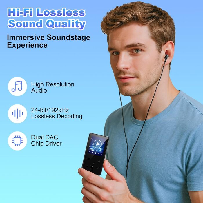 MP3-плеєр 128GB з Bluetooth, портативний музичний плеєр з динаміком, 2.4' Full Touch Screen, HiFi звук, FM радіо, записувач, навушники в комплекті, для спорту